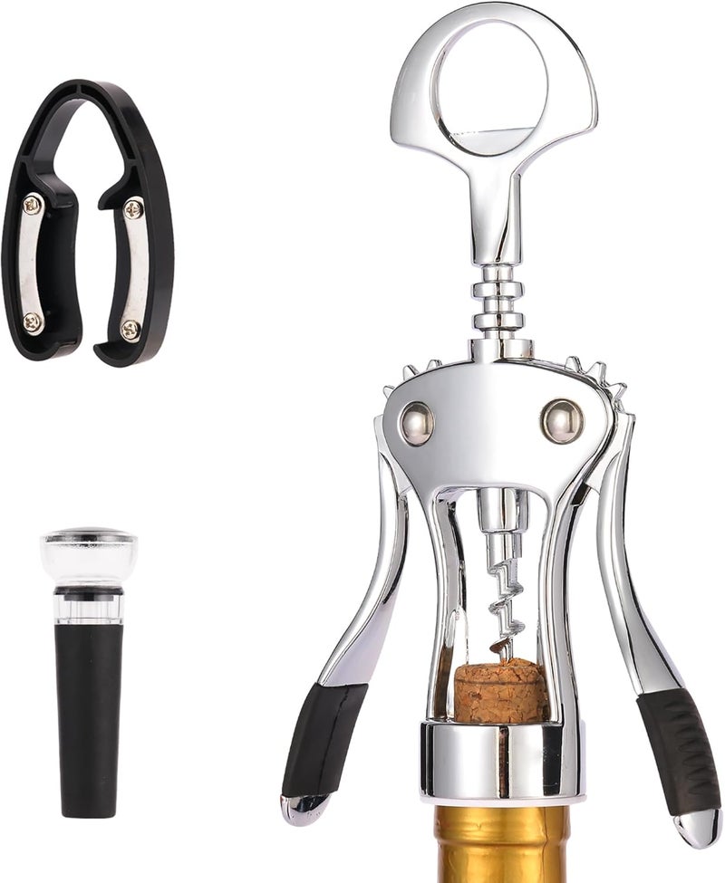 QONYFONE Wine Opener, Premium Zinc Alloy Wing Corkscrew, Heavy Duty Manual Multifunctional Bottle Opener for Kitchen, Restaurant, Bar and Waiters, Silver - Image 1